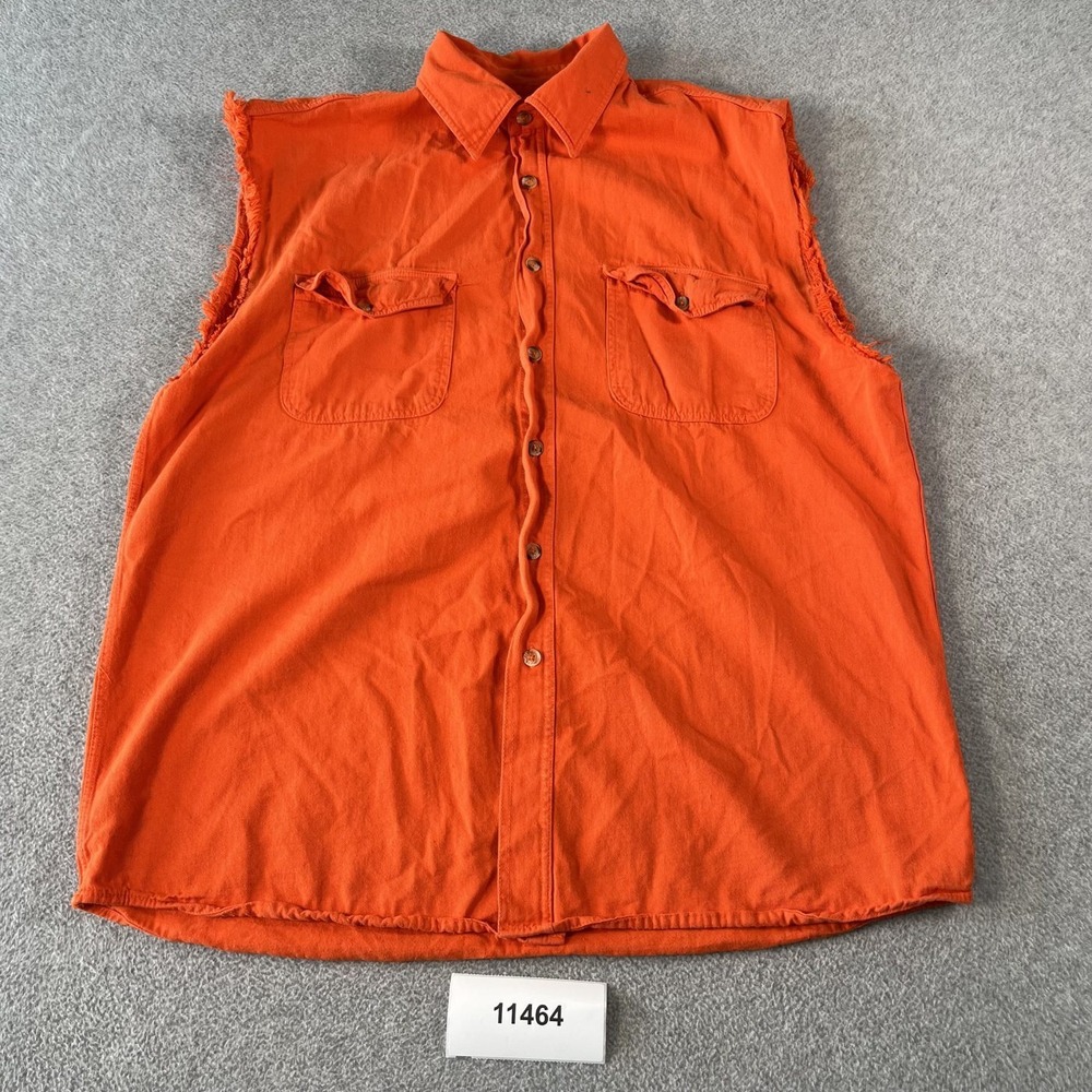 Biker Design Mens XL Orange Sleeveless Button Shirt Cotton Muscle Cut-Off Tee